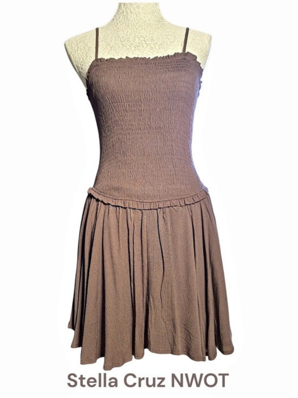 Stella Cruz Mini Sun Dress Smocked Bodice Dress in Brown NWOT Size XS